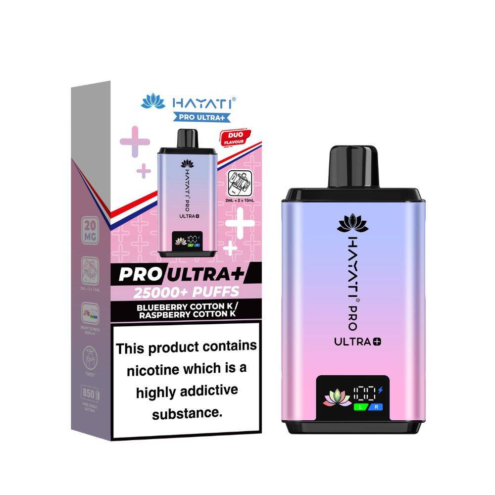 Hayati Pro Ultra Plus 25k Vape Kit Box of 5 Blueberry Cotton K/ Raspberry Cotton K