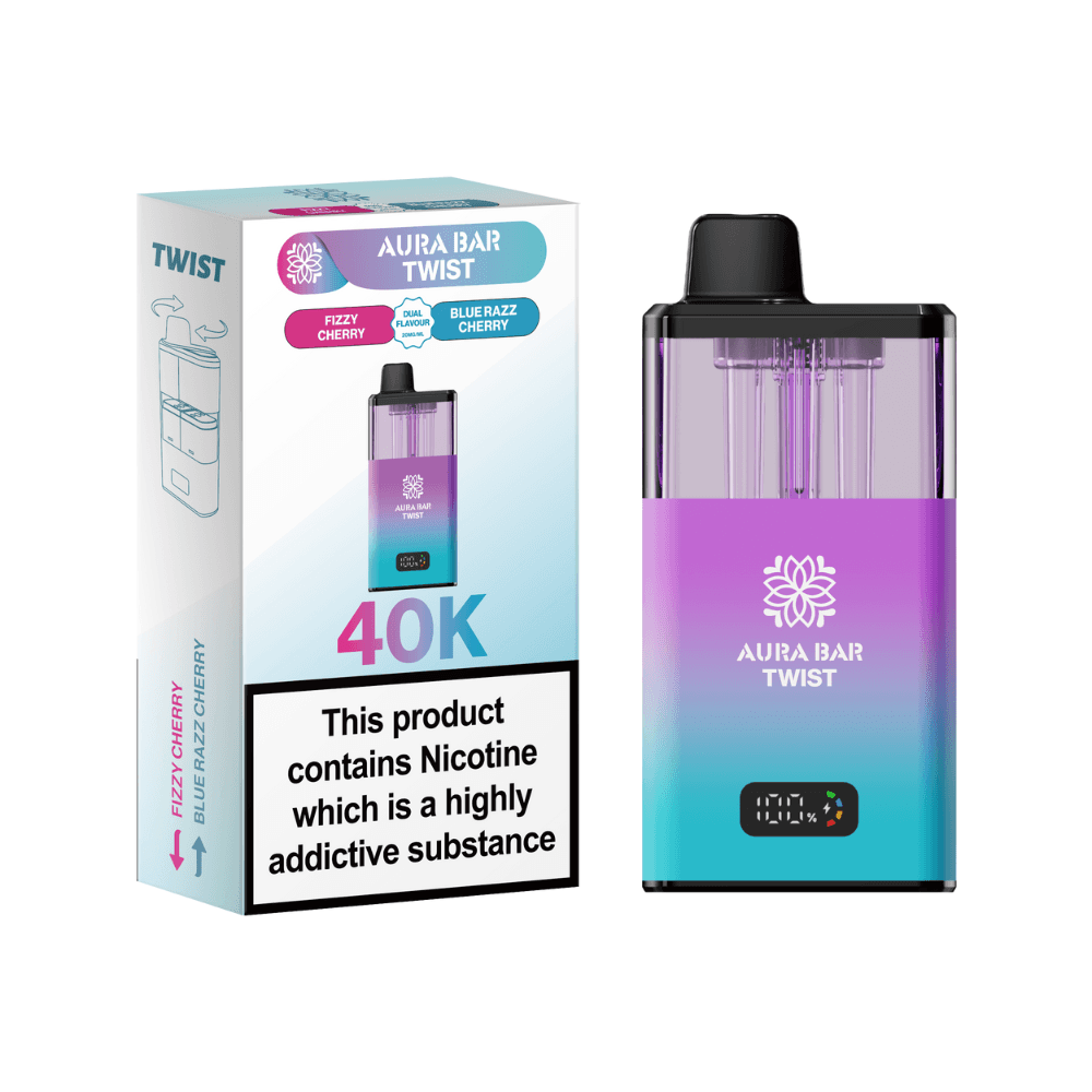 Crystal Prime Aura Bar Twist 40k-Vape Kit Box of 5 Fizzy Cherry / Blue Razz Cherry