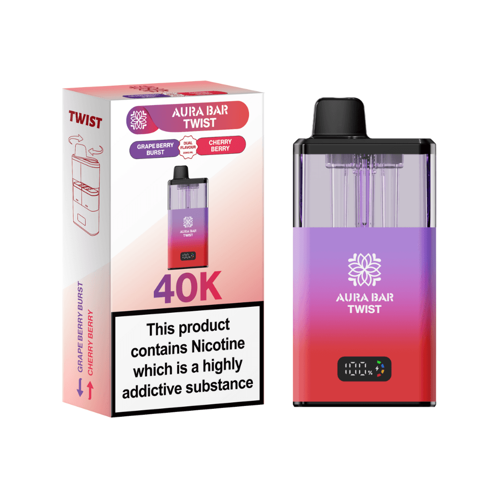 Crystal Prime Aura Bar Twist 40k-Vape Kit Box of 5 Grape Berry Burst / Cherry Berry