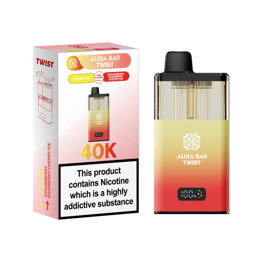 Crystal Prime Aura Bar Twist 40k-Vape Kit Box of 5 Lemon Lime / Strawberry Raspberry Cherry Ice